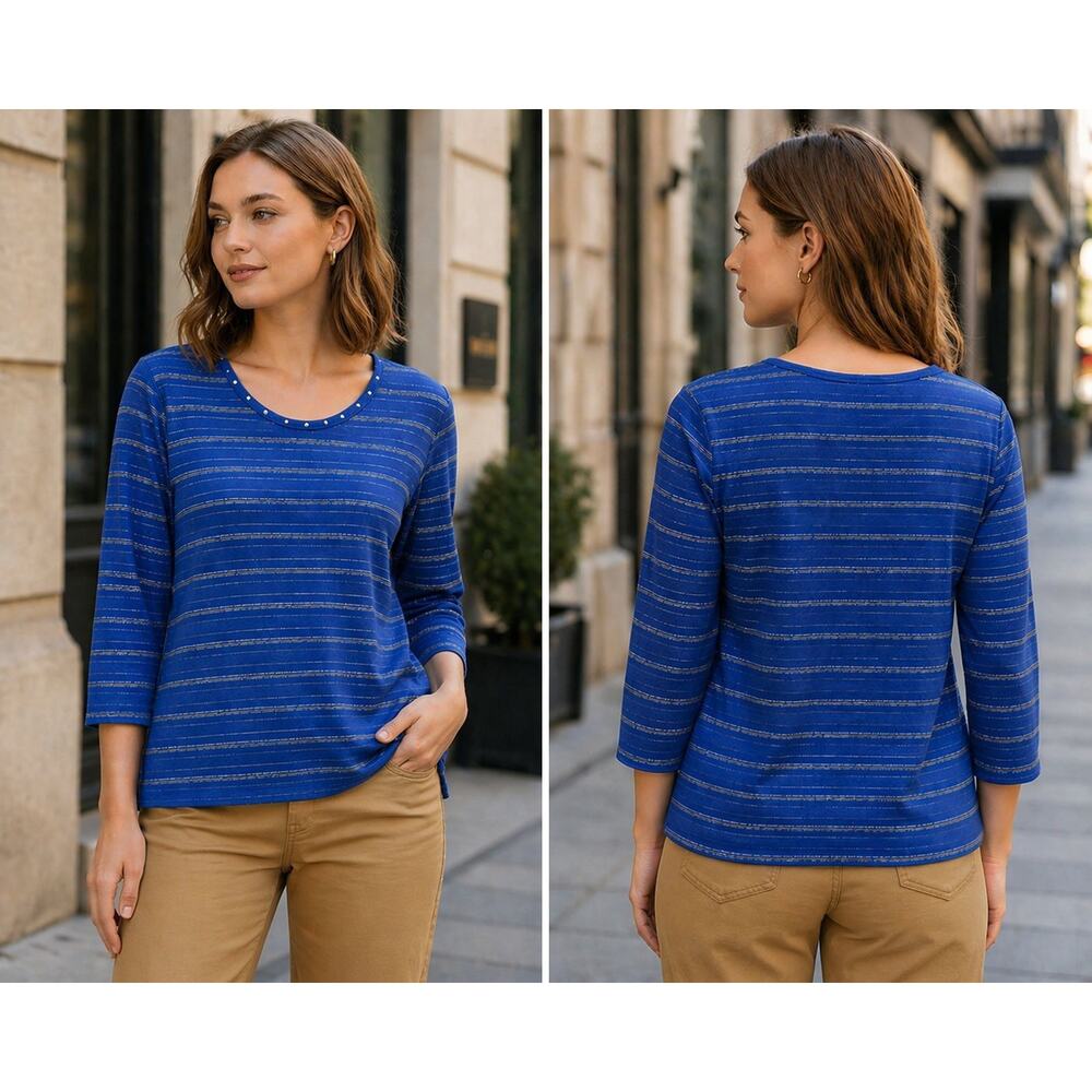Coral Bay Women’s Striped Top Size L Studded Neck 3/4 Sleeve Gold Silver NWT
